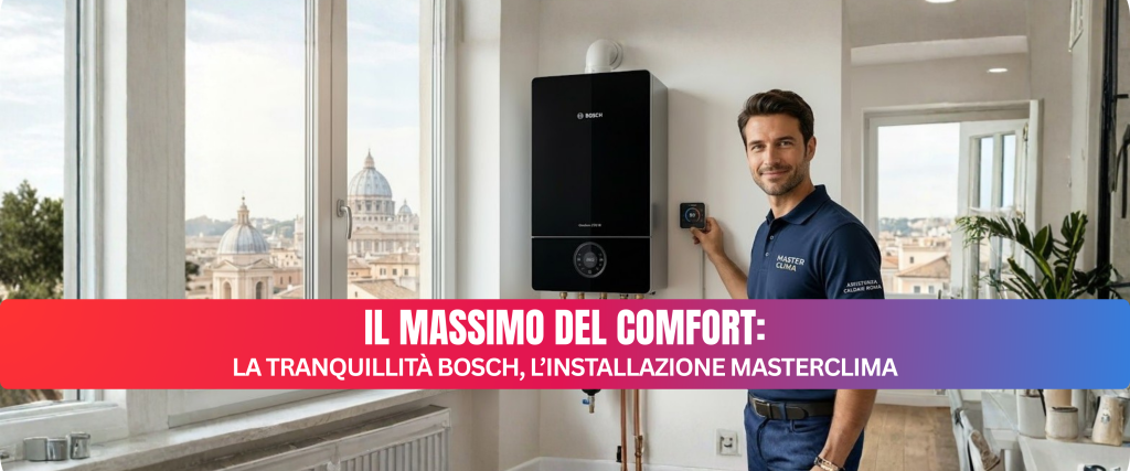 Tecnico Master Clima durante l'installazione di una caldaia a condensazione Bosch a Roma con vista su San Pietro.